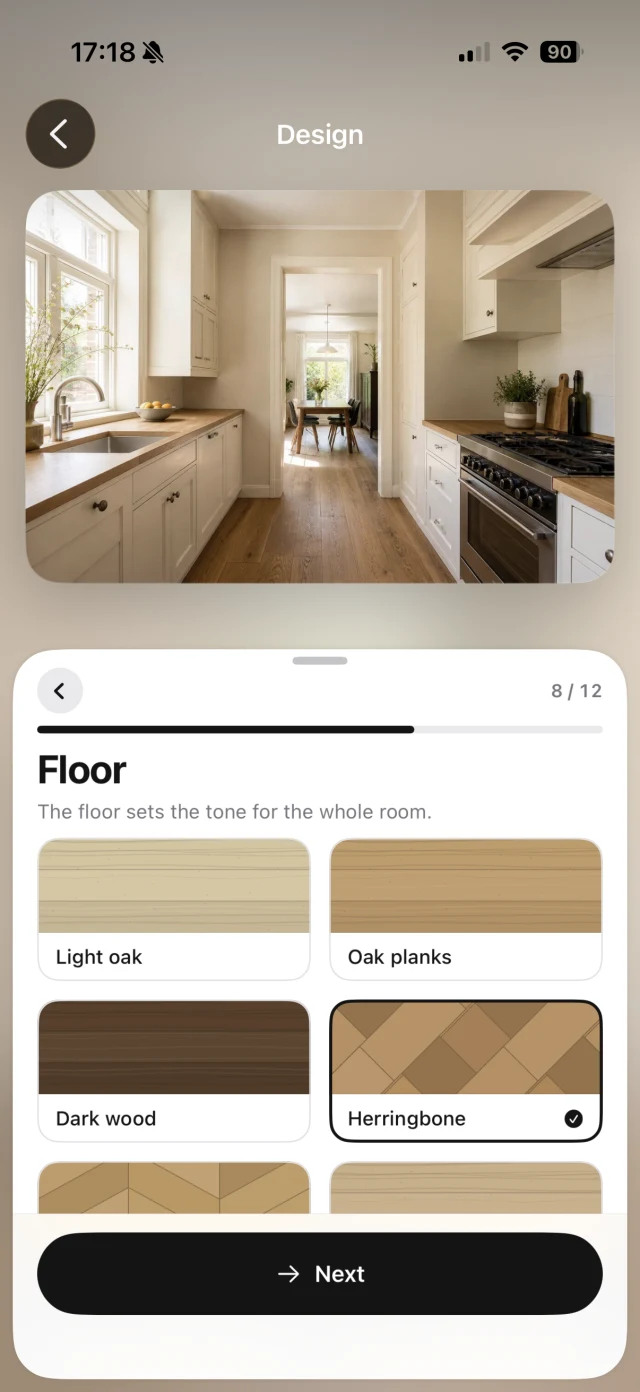 Choosing materials and colors for the kitchen floor in the app