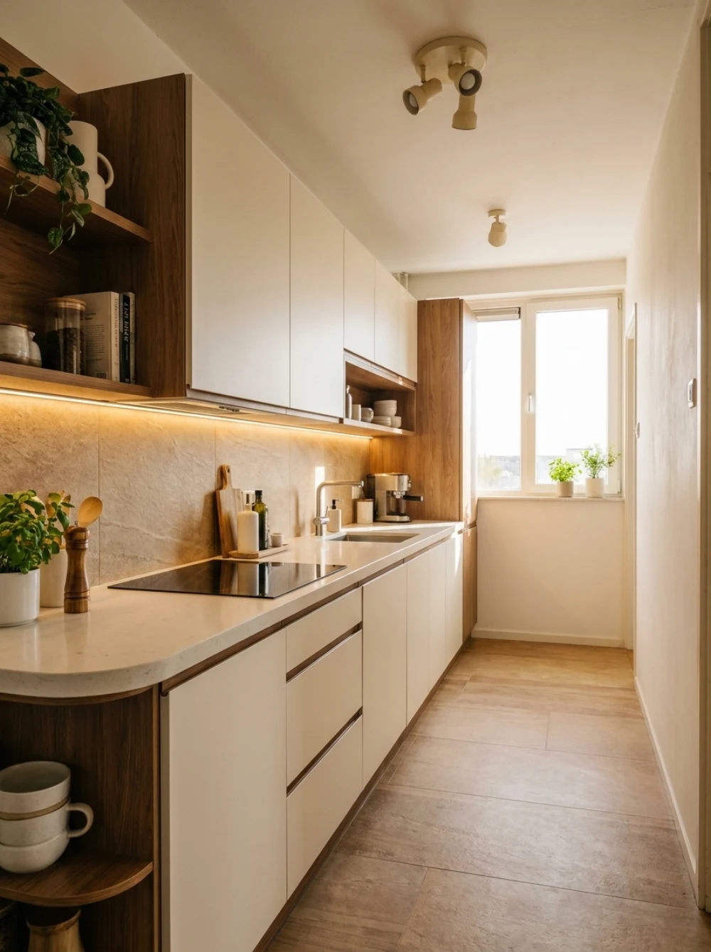 The same kitchen after an AI redesign: light cabinet fronts and a new countertop
