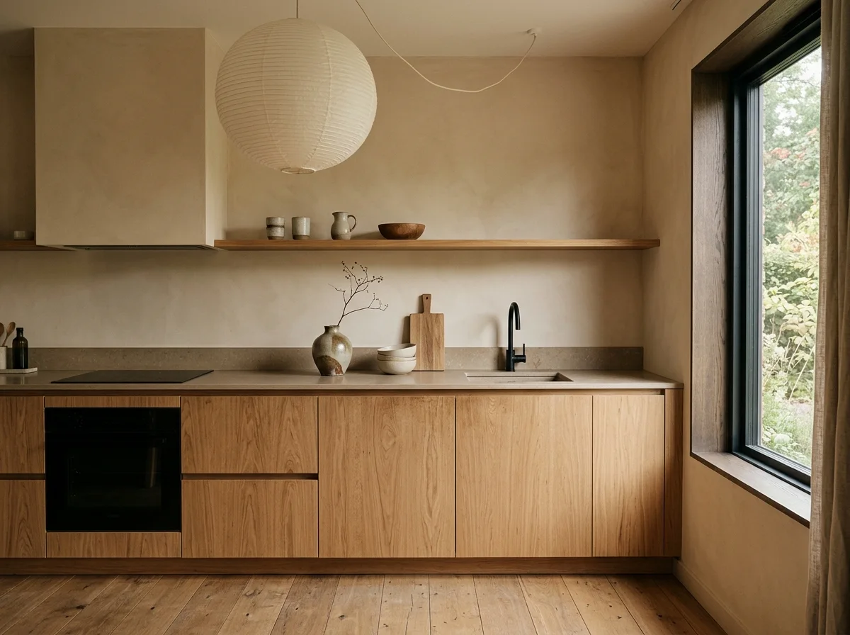 Japandi kitchen with warm, calm tones and natural materials